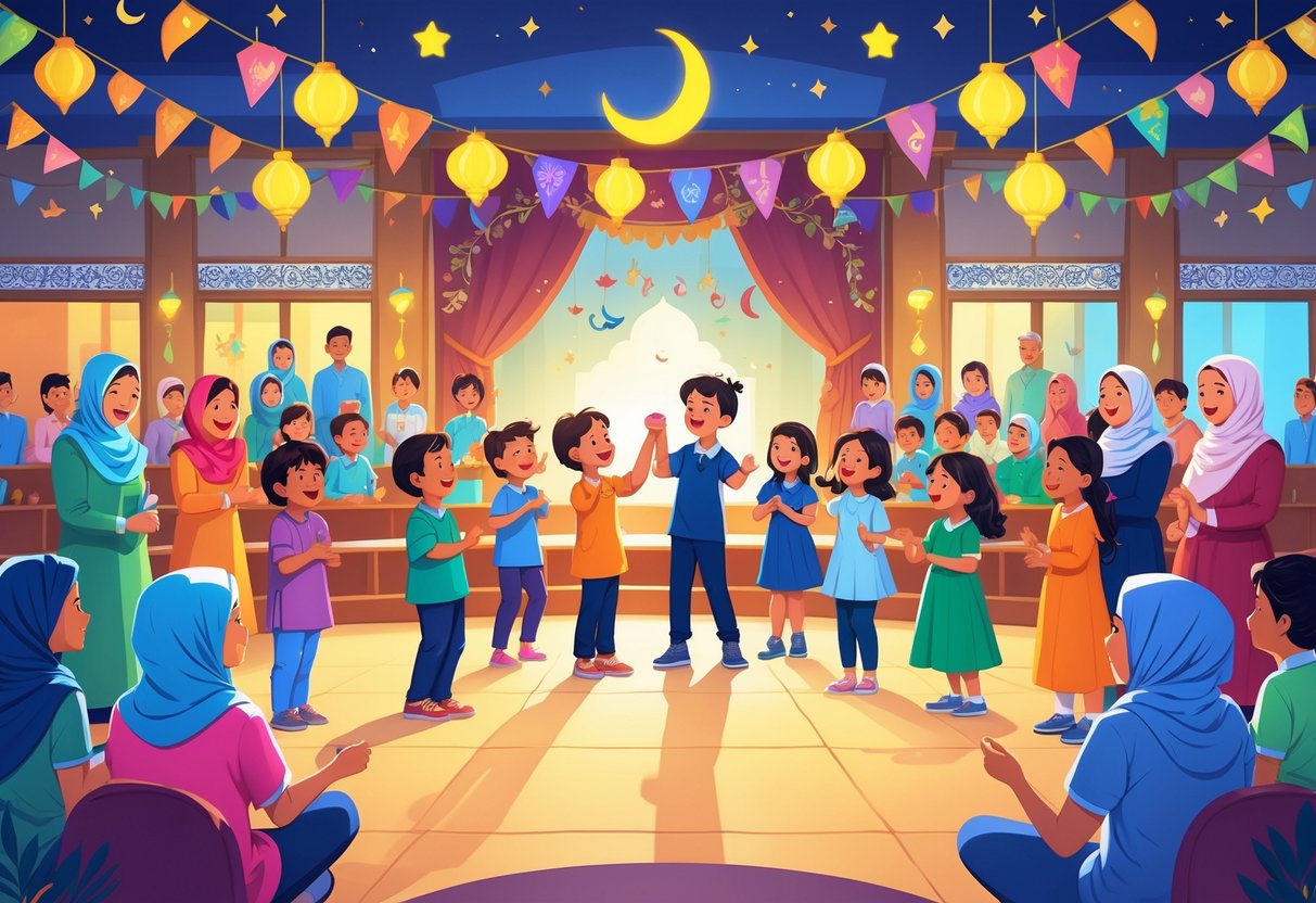 Eid Teaching Resources: Inspiring Ideas and Practical Tools for Educators eid teaching LearningMole Children and teachers in a school hall celebrating Eid with performances and decorations.