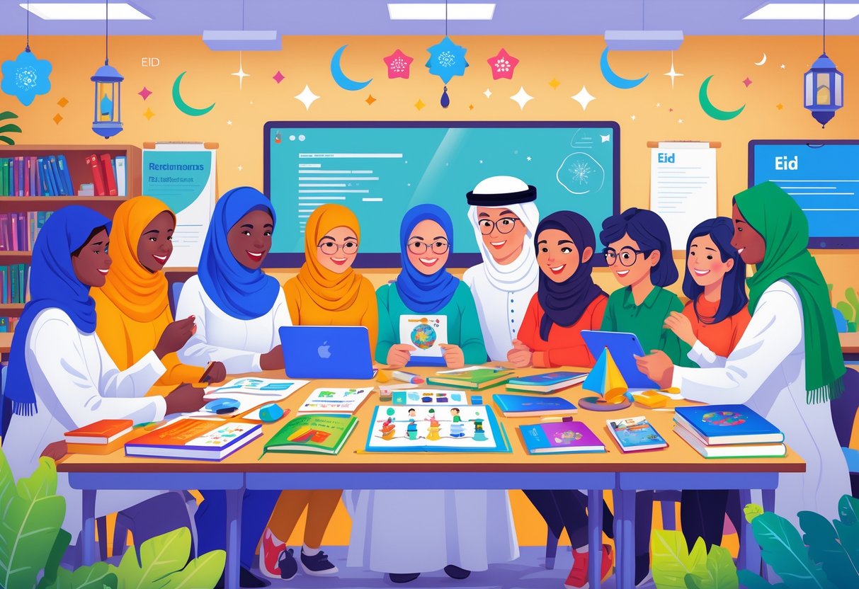 Eid Teaching Resources: Inspiring Ideas and Practical Tools for Educators eid teaching LearningMole A group of teachers and students working together around a table with teaching materials about Eid in a decorated classroom.