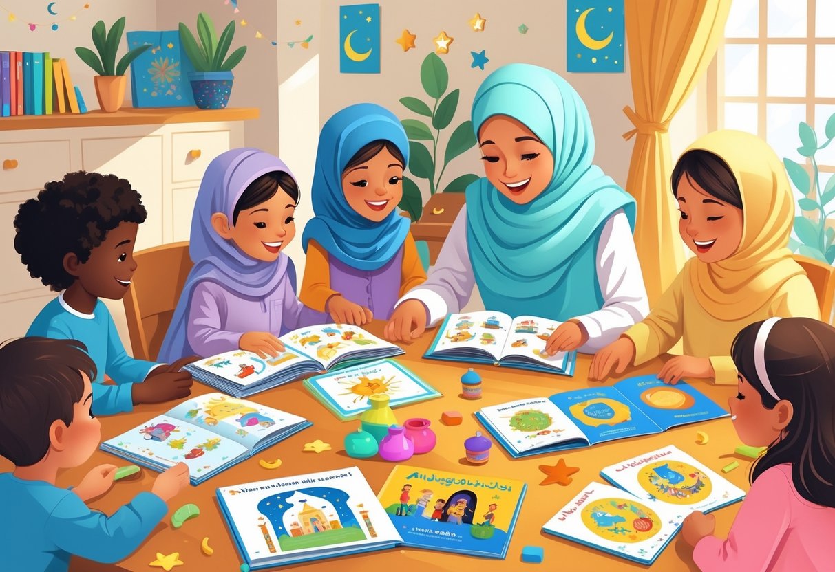 Eid Teaching Resources: Inspiring Ideas and Practical Tools for Educators eid teaching LearningMole A family learning together at home with Eid-themed books and crafts on a table, surrounded by festive decorations.