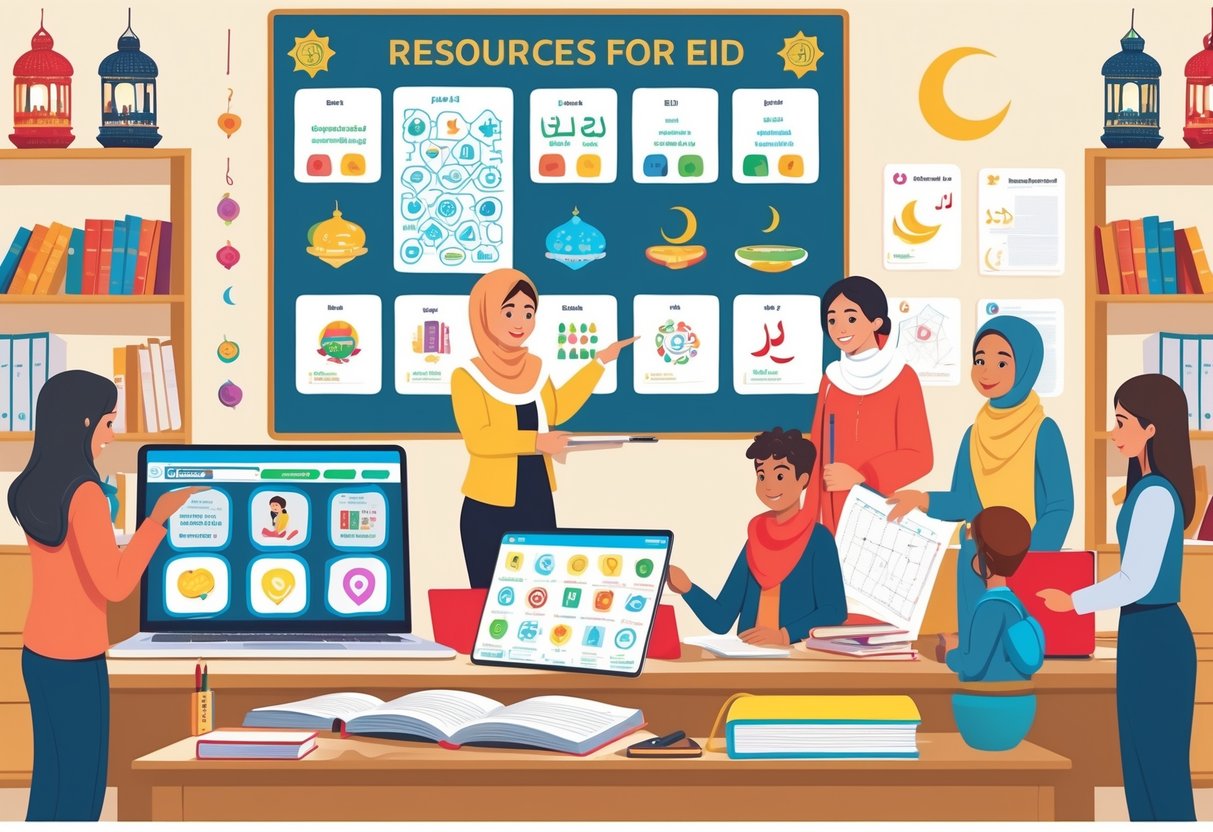 Eid Teaching Resources: Inspiring Ideas and Practical Tools for Educators eid teaching LearningMole A group of teachers and students working together at a desk with educational materials and a board showing diagrams about Eid traditions.
