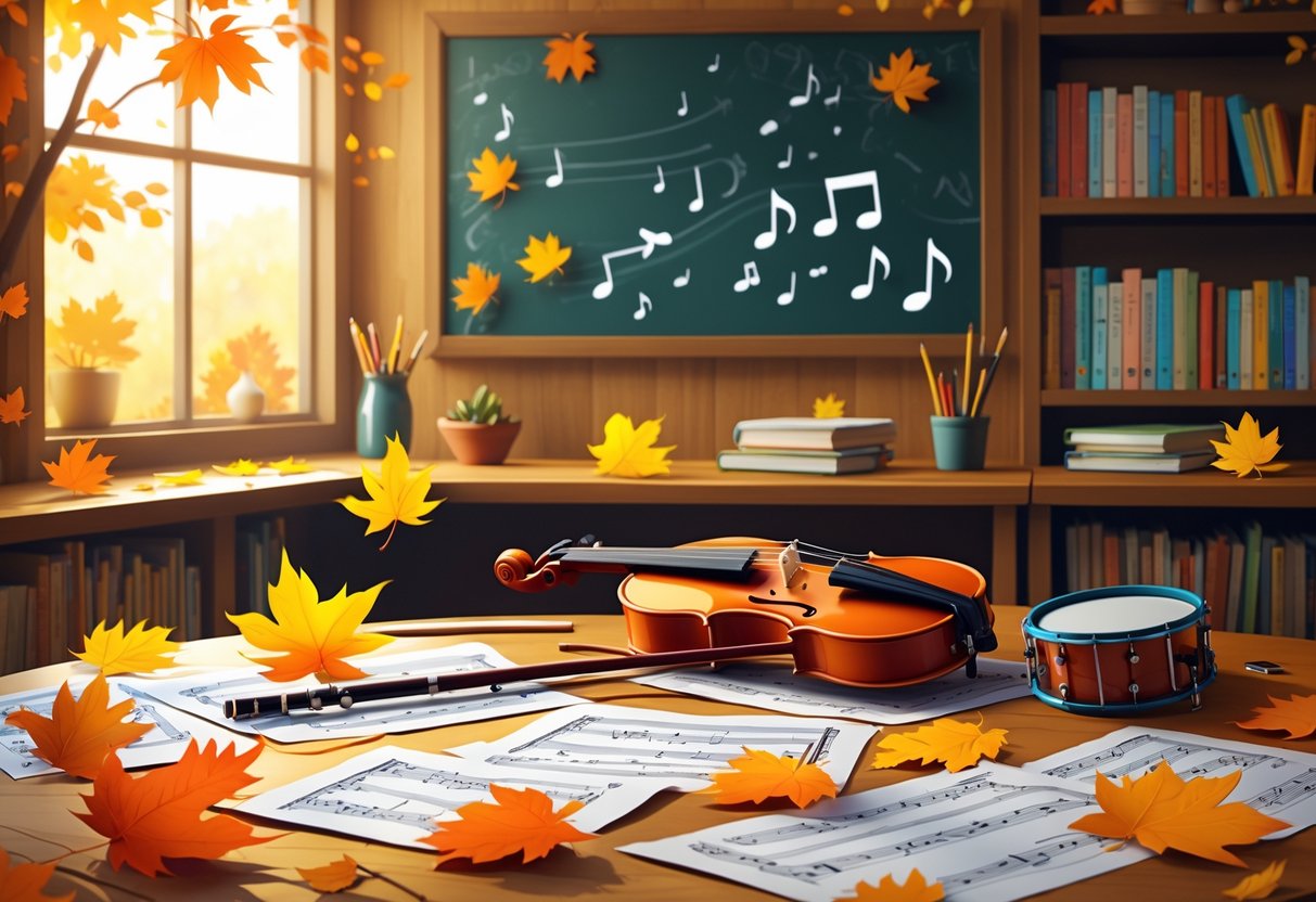 Autumn Term Resources: Complete Guide for Teachers and Schools autumn term LearningMole A classroom table with musical instruments and autumn leaves scattered around, with shelves of books and a window letting in warm light.
