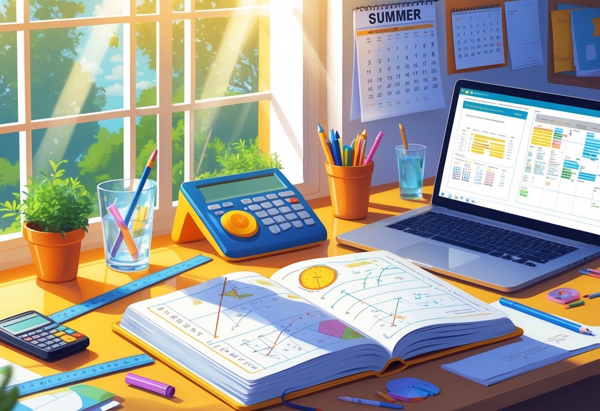 Summer Term Resources: Complete Guide for Summer Learning LearningMole A study desk with maths books, stationery, a laptop, and a calendar showing the summer months.
