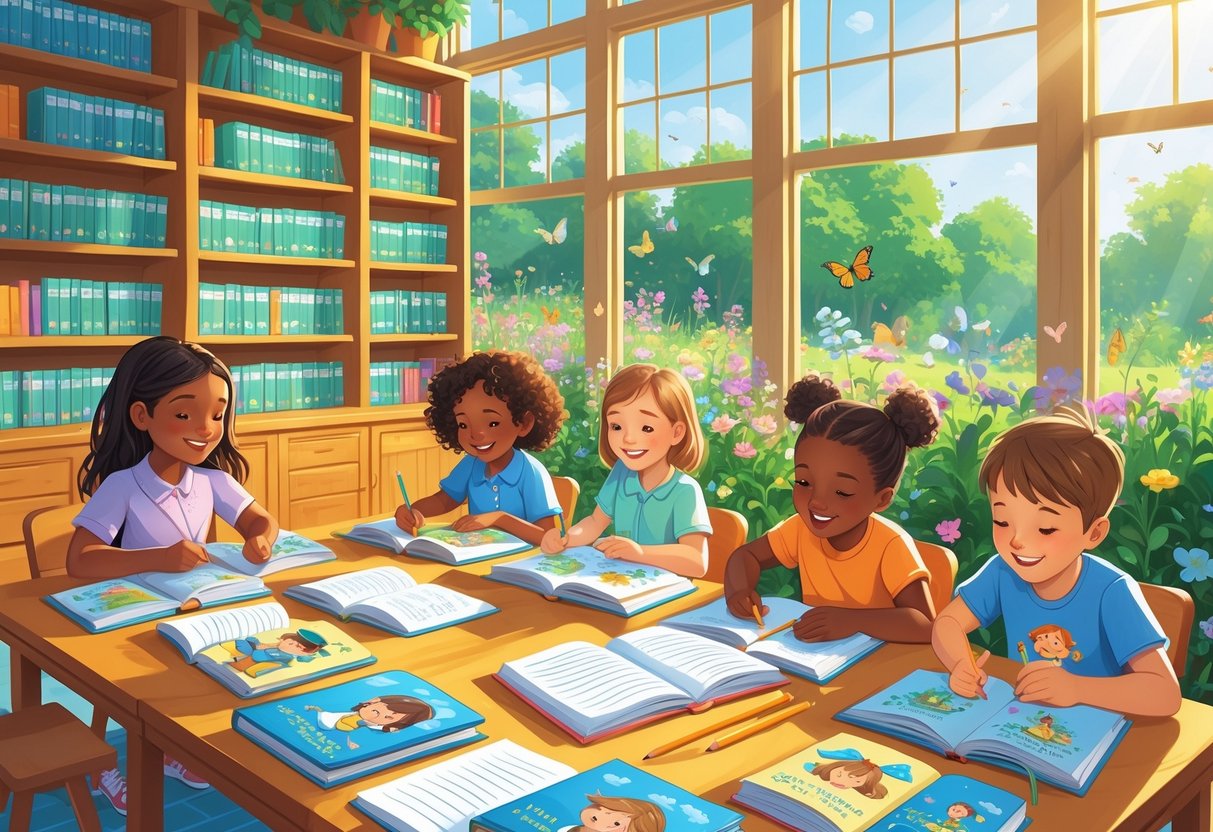 Summer Term Resources: Complete Guide for Summer Learning LearningMole Children reading and writing around a table in a bright classroom with books and summer decorations, with a garden visible through the windows.