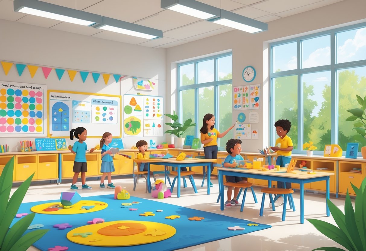 Summer Term Resources: Complete Guide for Summer Learning LearningMole A classroom with children and a teacher engaged in inclusive learning activities using sensory materials and educational tools in a bright, organised space.
