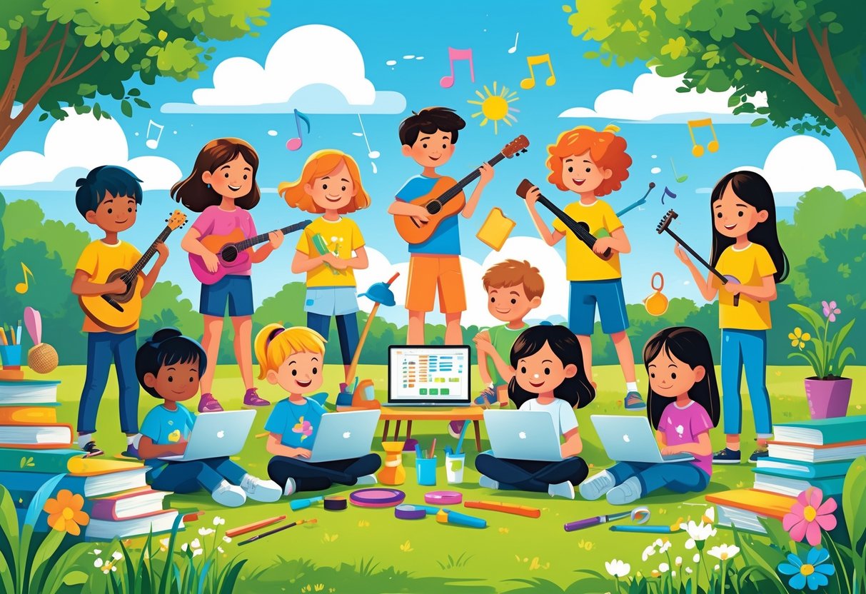 Summer Term Resources: Complete Guide for Summer Learning LearningMole Children and teenagers enjoying various summer club activities outdoors, including painting, music, coding, science experiments, sports, and gardening in a sunny park.