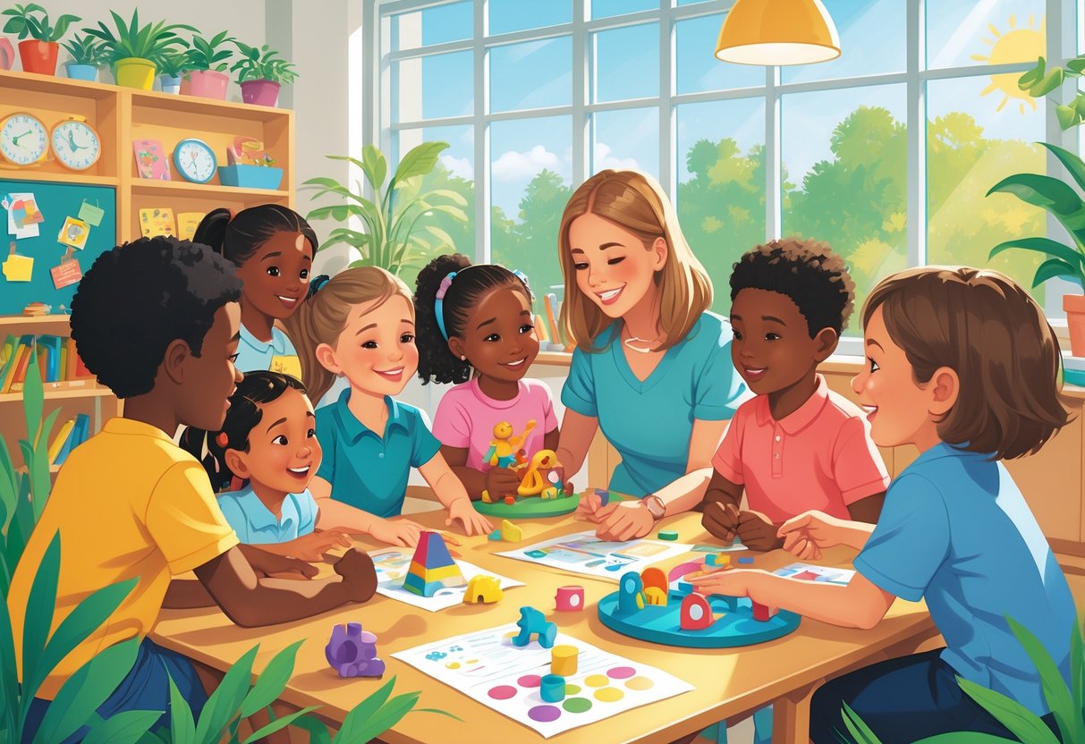 Summer Term Resources: Complete Guide for Summer Learning LearningMole Children and a teacher interacting in a bright classroom, engaging in activities that promote social and emotional skills.