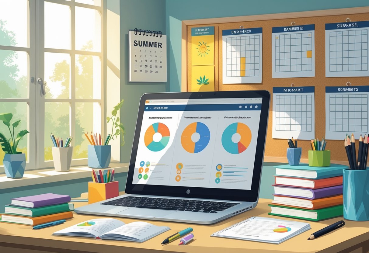 Summer Term Resources: Complete Guide for Summer Learning LearningMole A tidy desk with an open laptop, books, stationery, a calendar showing summer months, and a corkboard with pinned notes in a well-lit room.