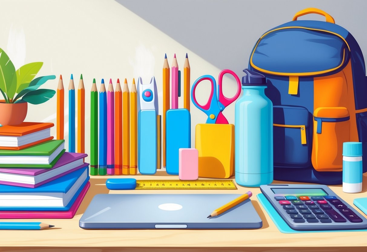 A neatly arranged collection of back to school supplies on a desk including notebooks, pencils, pens, eraser, ruler, laptop, water bottle, scissors, glue stick, calculator, and a backpack.