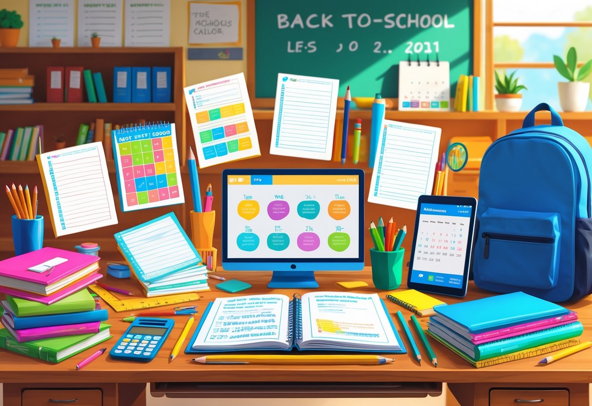A desk with back-to-school supplies including worksheets, notebooks, stationery, a tablet, textbooks, and a backpack in a bright classroom setting.