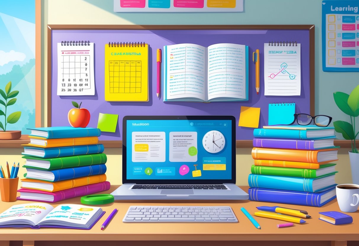 A tidy study desk with textbooks, notebooks, a laptop, stationery, and a calendar, set in a bright room with educational posters on the wall.