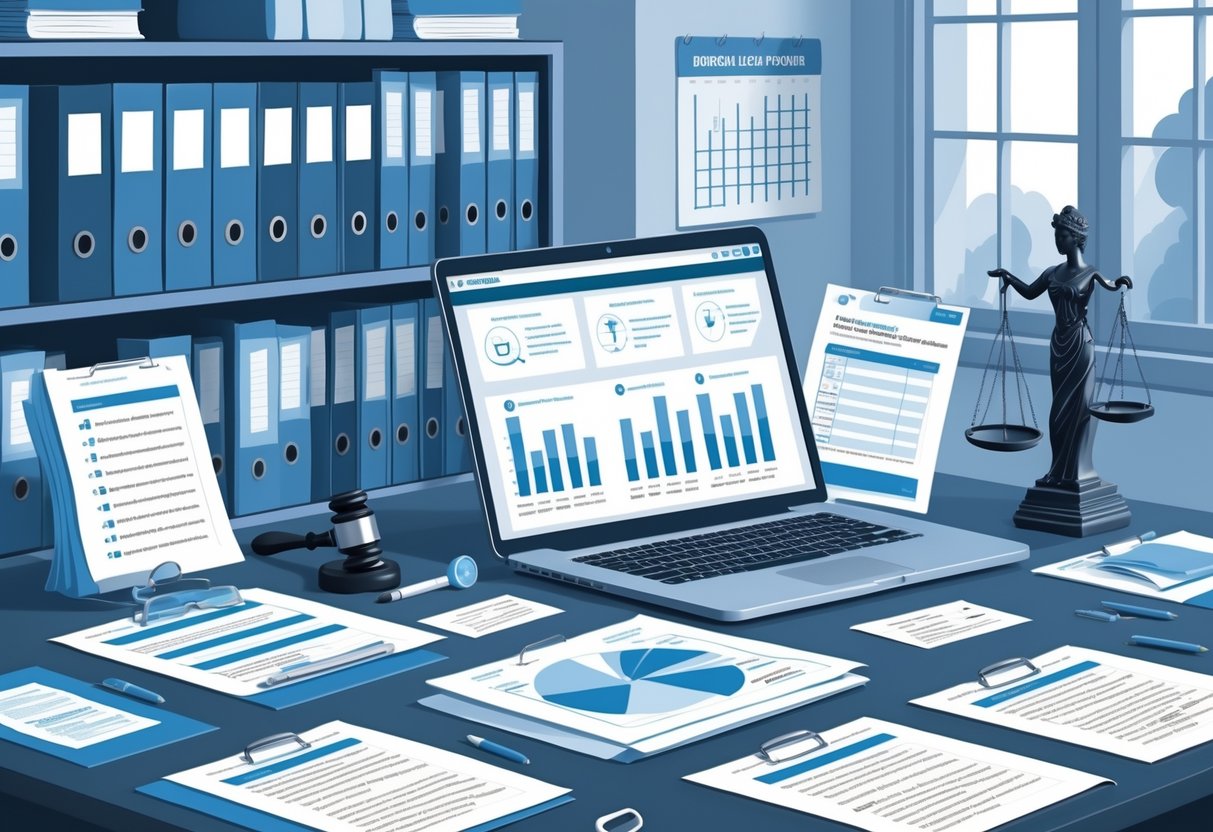 School Policy Templates: Comprehensive Guide for Effective School Policies school policy LearningMole A tidy office desk with policy documents, folders, a laptop showing charts, reading glasses, and legal items like a gavel and scales of justice, with a bookshelf in the background.