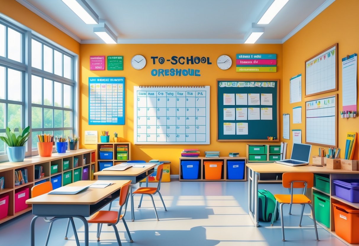A tidy classroom and a home study area with organised desks, shelves of books and supplies, a calendar, and a bulletin board, all prepared for back-to-school.