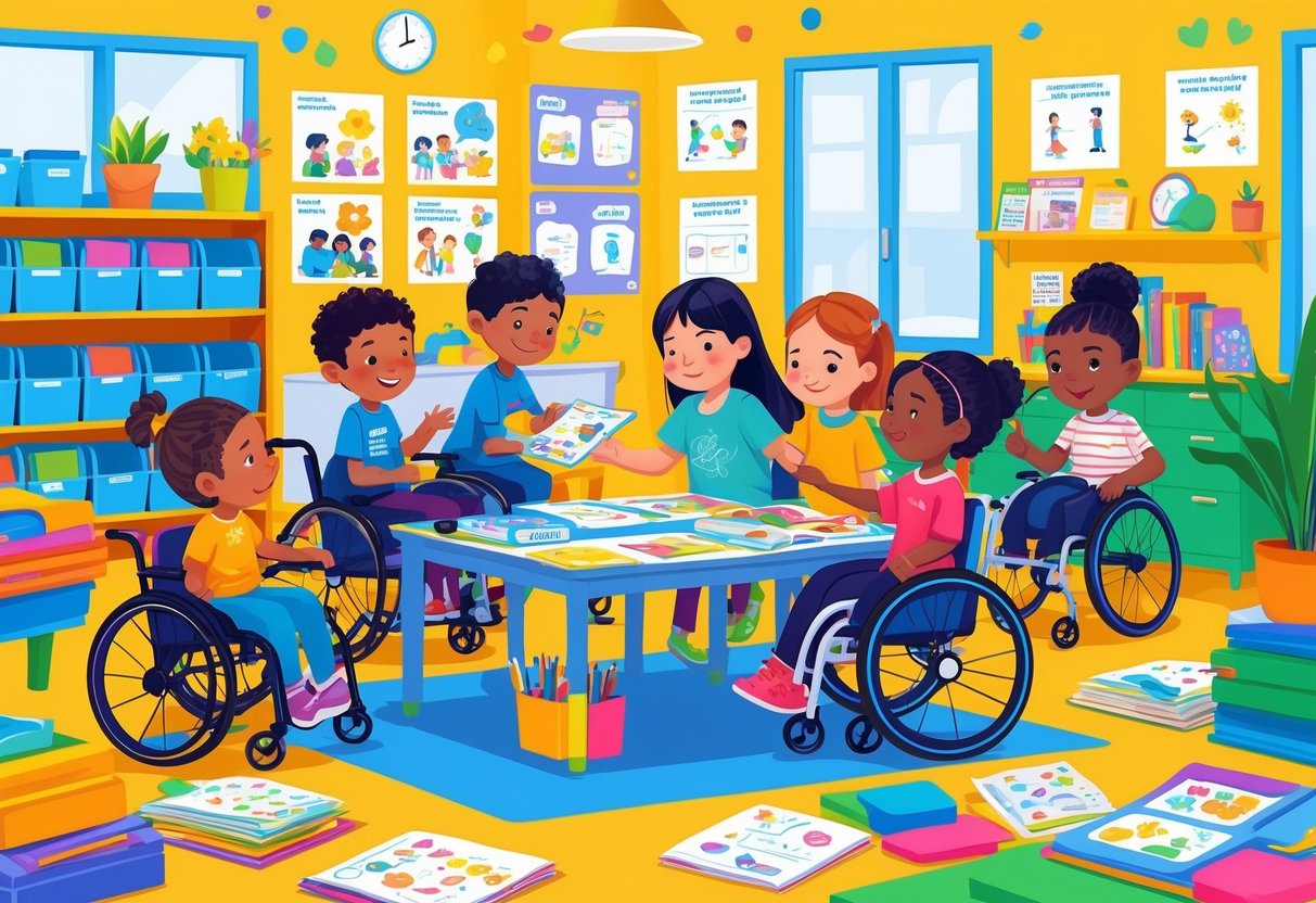 A classroom with children of diverse abilities and backgrounds using different learning tools, supported by a specialist educator.