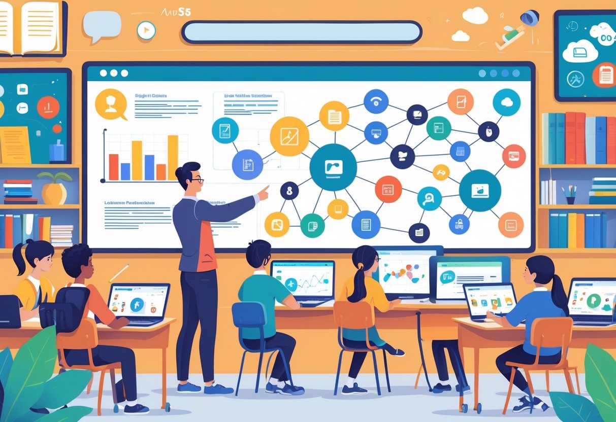 A classroom with students using laptops and tablets while a teacher points at a large screen showing digital learning icons.