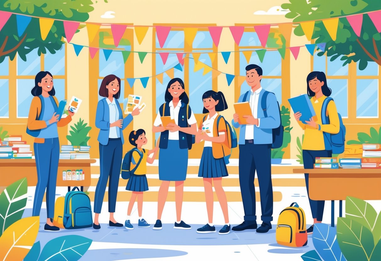 Parents, teachers, and children interacting happily in a school courtyard with tables of school supplies, showing a supportive and engaged school community.