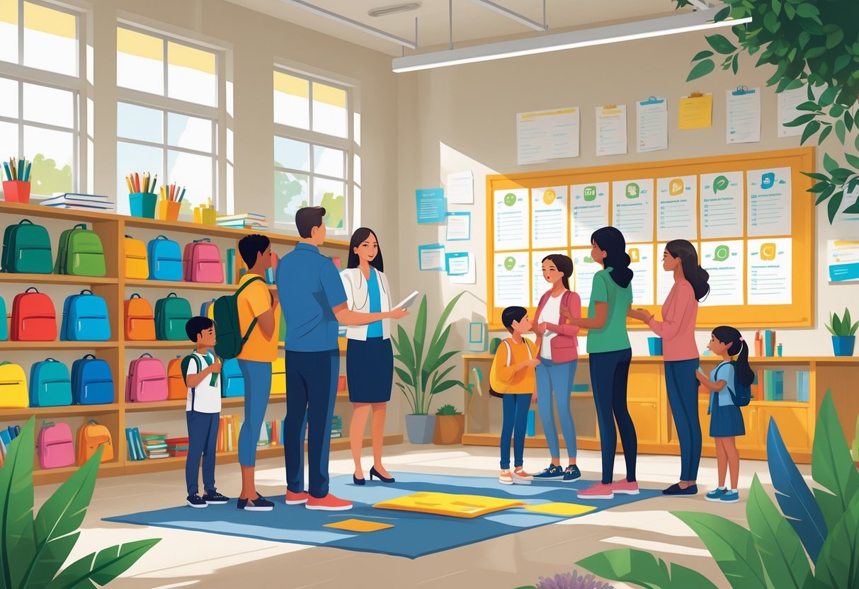 A group of parents and children talking to staff in a bright room filled with school supplies and educational materials.