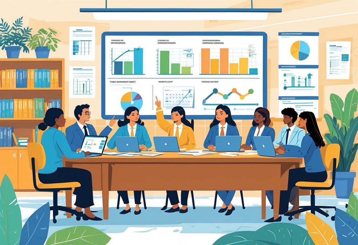 A group of educators and policymakers working together around a table with charts and laptops in a bright meeting room focused on school improvement.