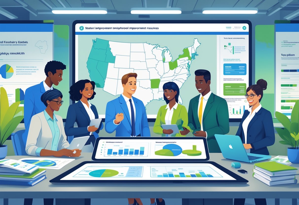 A group of education professionals working together around a digital table with charts and maps, planning school improvement strategies.