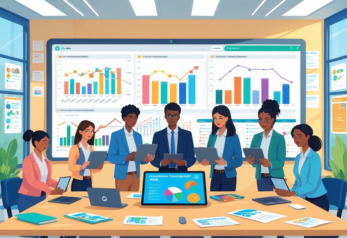 A group of educators in a meeting room collaborating around a digital table and dashboard displaying charts and graphs related to school progress.