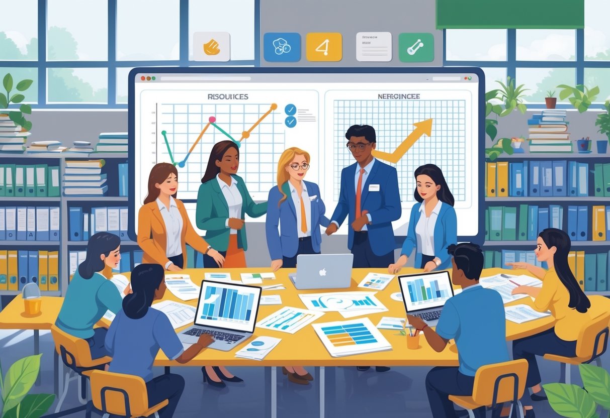 A group of teachers and school leaders working together around a table with documents and charts, discussing plans in a bright room with bookshelves and a digital screen.