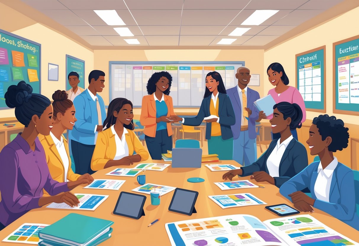 Parents and teachers talking and sharing educational materials in a school hall during a parent evening event.