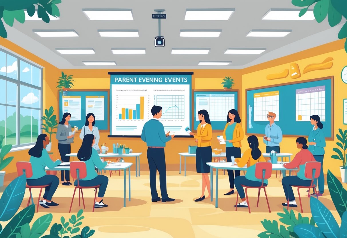 A school hall where teachers and parents are talking and sharing information at tables during a parent evening event.