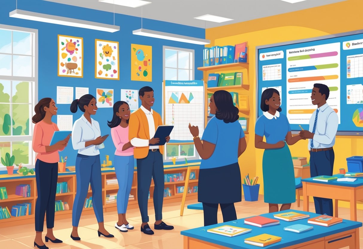 Parents and teachers talking together in a bright primary school classroom with colourful decorations and learning materials.