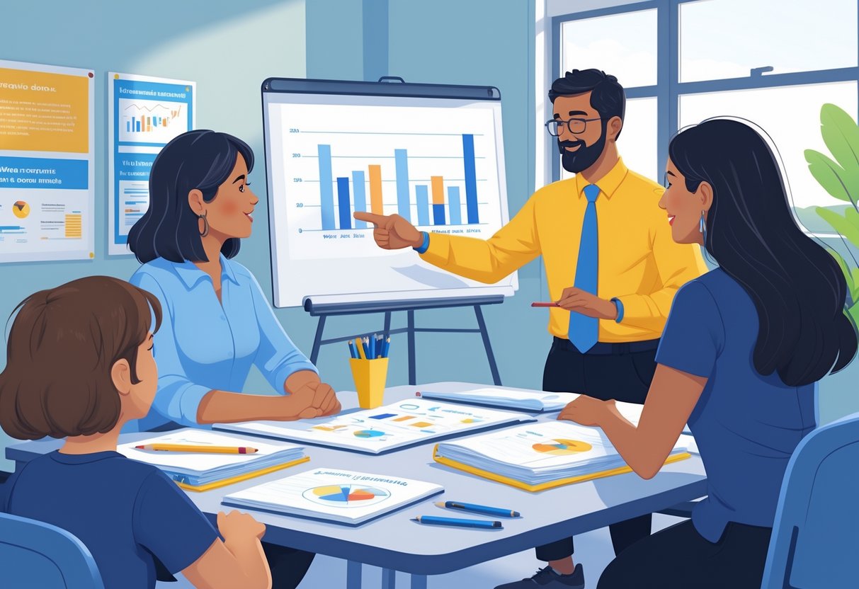 A teacher and two parents sitting around a table in a classroom, discussing academic progress with charts and notebooks on the table.