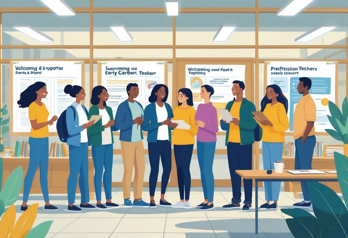 Parents and early career teachers talking together in a school hall during a supportive parent evening event.