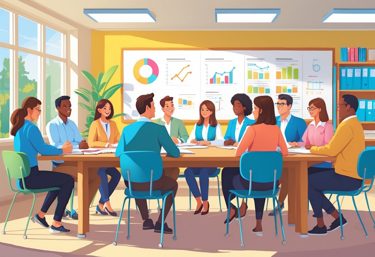 A group of parents and teachers sitting around a table in a bright classroom, engaged in a friendly discussion with notebooks and tablets.