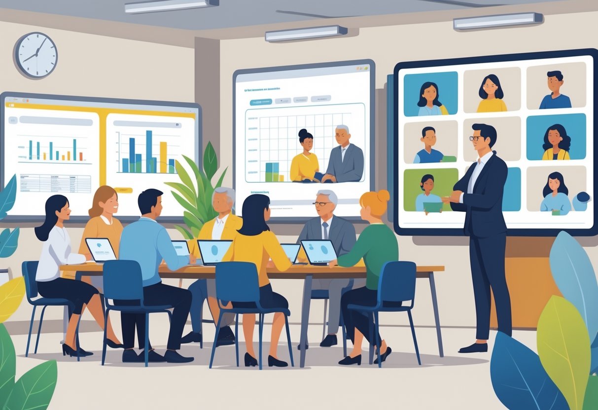 A group of parents and teachers meeting in a conference room while other parents join remotely via video call on a large screen.