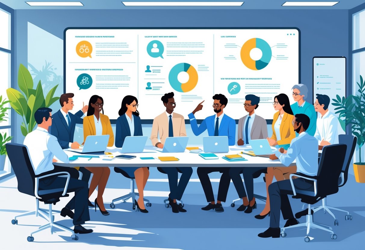 Staff Meeting Resources: Essential Tools for Productive Meetings staff meeting LearningMole A group of office staff sitting around a conference table in a meeting room, discussing and using laptops and documents.