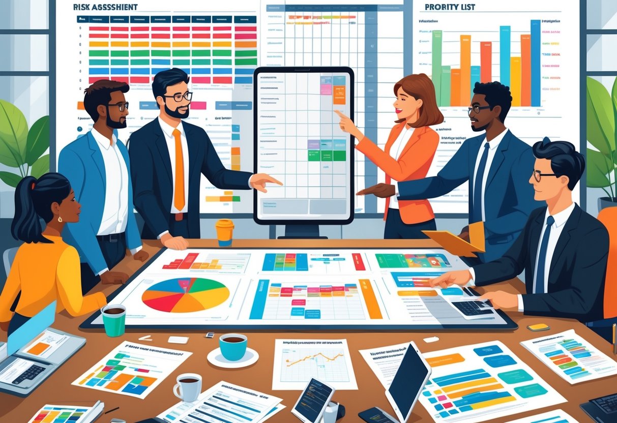 Risk Assessment Templates: How to Use, Adapt, and Stay Compliant risk assessment LearningMole A group of professionals working together around a table with risk assessment documents and charts in a modern office setting.