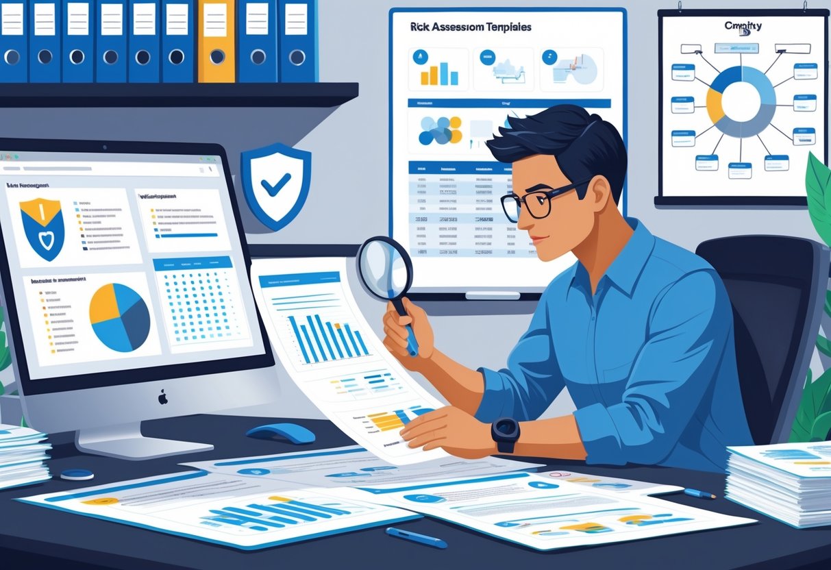 Risk Assessment Templates: How to Use, Adapt, and Stay Compliant risk assessment LearningMole A person at a desk reviewing documents and a laptop with charts and checklists, surrounded by office items related to risk assessment.