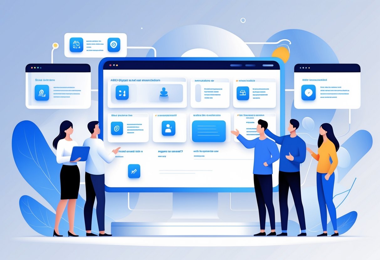 A group of people interacting with digital panels showing icons for questions and resources in a clean, organised workspace.