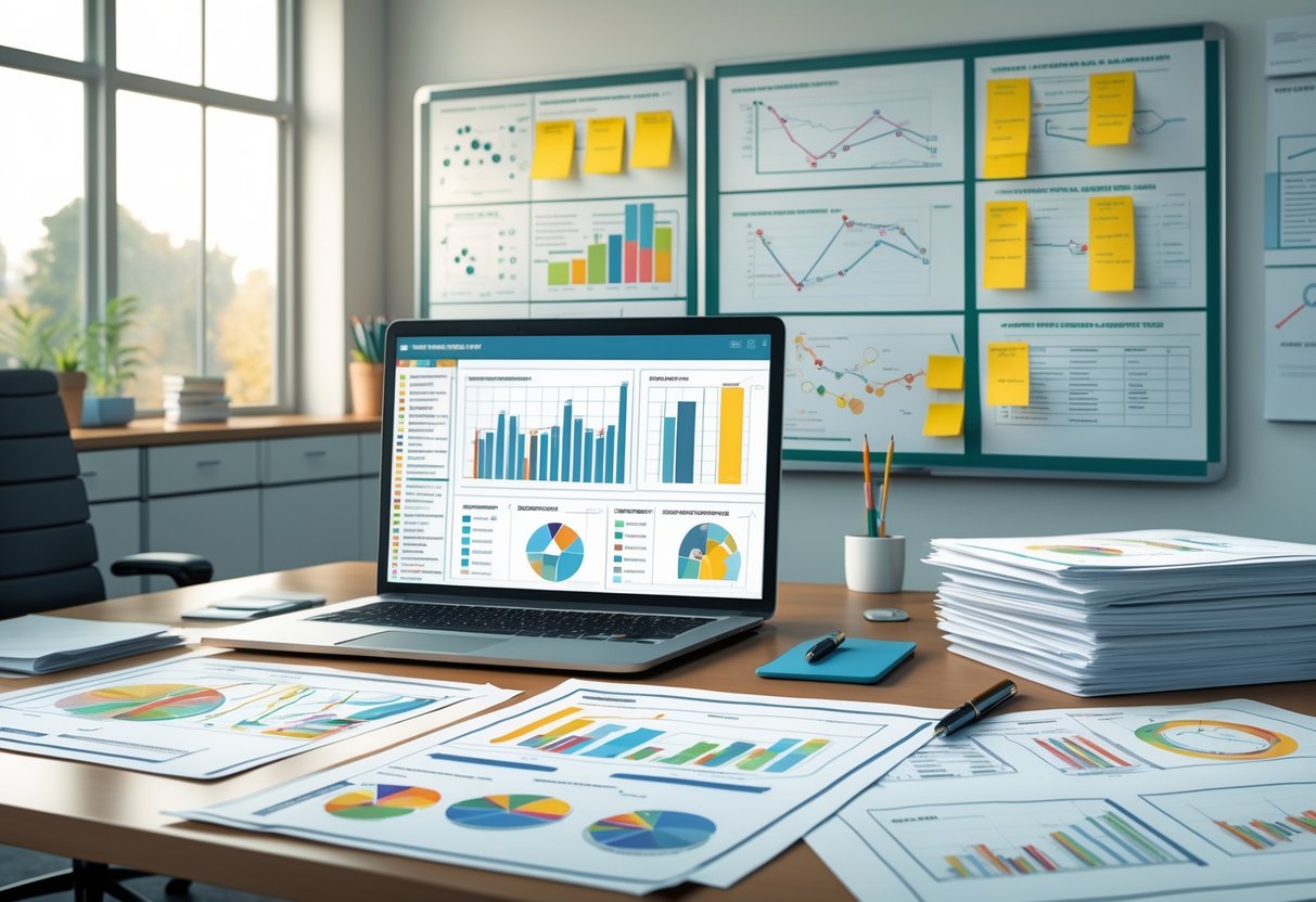 Risk Assessment Templates: How to Use, Adapt, and Stay Compliant risk assessment LearningMole An office desk with papers, a laptop showing data charts, and a whiteboard with flowcharts and sticky notes, representing risk assessment work.
