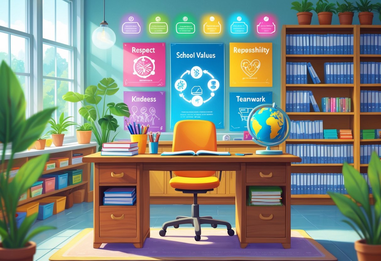 School Values Resources: Essential Guides and Practical Strategies school values LearningMole A bright classroom workspace with books, teaching tools, and symbols representing school values like respect and kindness.