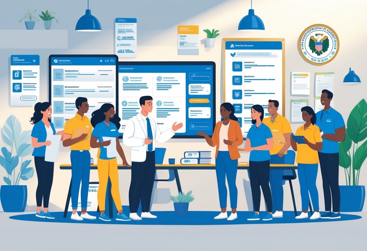 Governor Resources: Comprehensive Guide to UK Governance Support governor resources LearningMole A group of diverse people receiving employment assistance from a governor in a government office setting with job resources and supportive interactions.