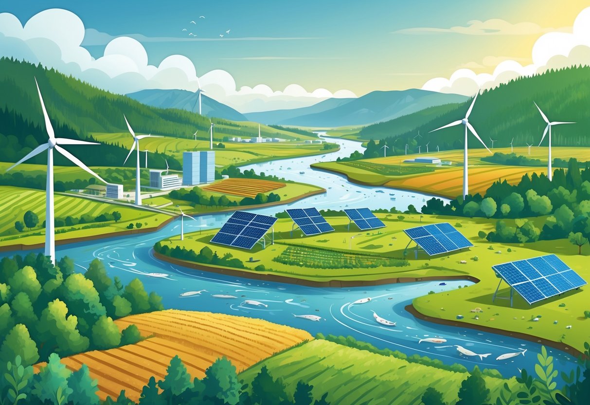 Governor Resources: Comprehensive Guide to UK Governance Support governor resources LearningMole A landscape showing forests, farmland, eco-friendly buildings, wind turbines, solar panels, a clean river with wildlife, and hills under a clear sky.