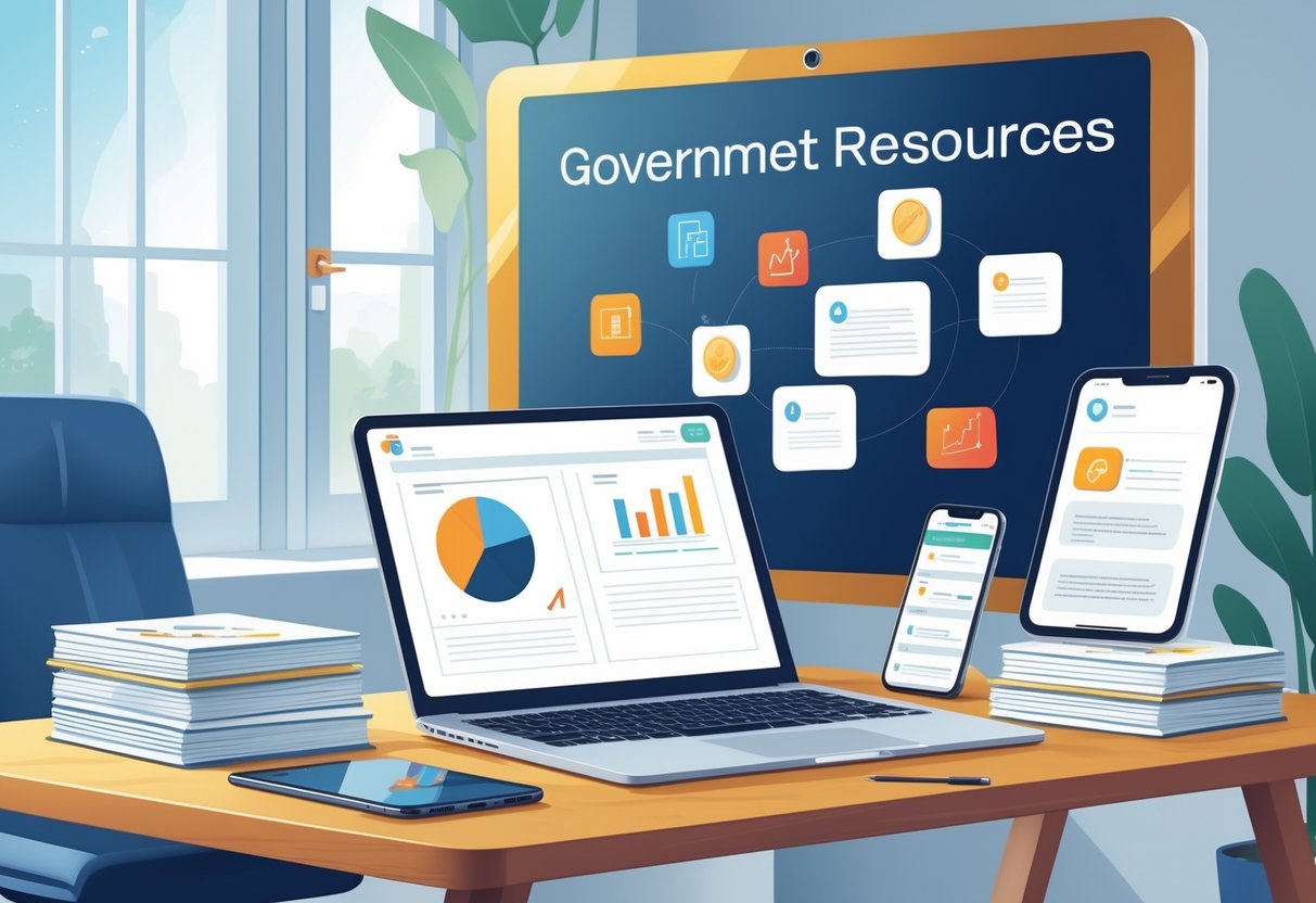 Governor Resources: Comprehensive Guide to UK Governance Support governor resources LearningMole A modern workspace with a laptop, tablet, smartphone, and stacks of official publications on a desk, with a digital screen showing announcement icons in the background.