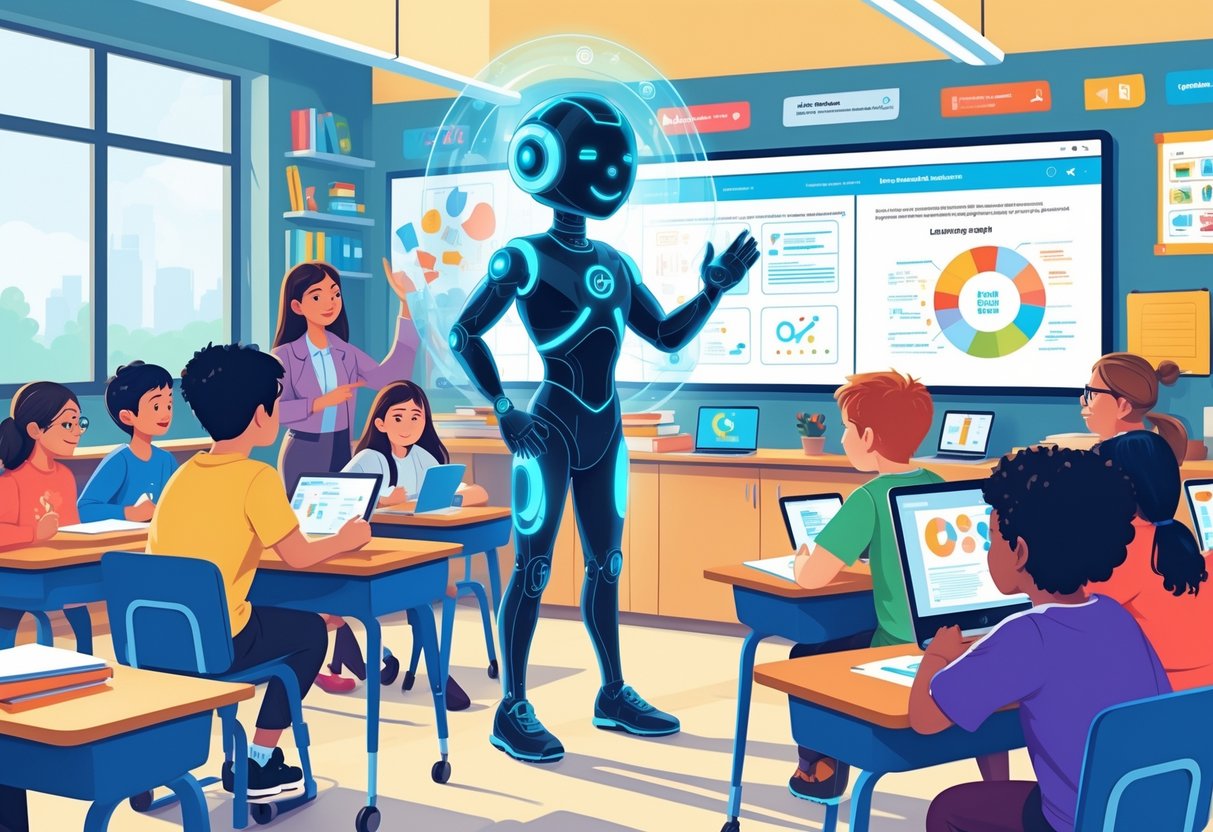 A classroom where an AI teaching assistant interacts with students and a teacher, helping with personalised learning and displaying educational content on digital devices.