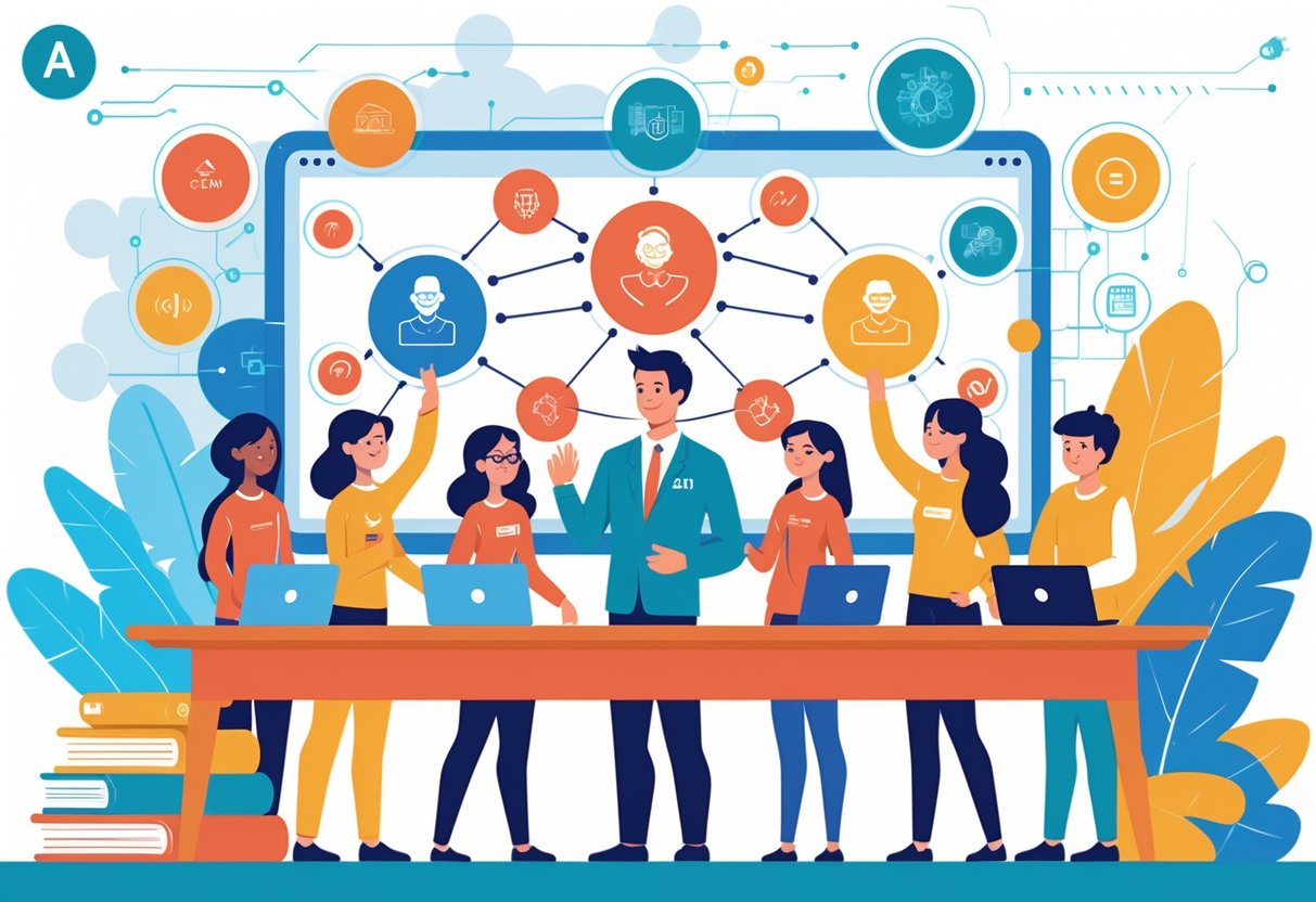 A group of students and a teacher interacting with a holographic AI assistant around a digital whiteboard, collaborating and communicating in a classroom.