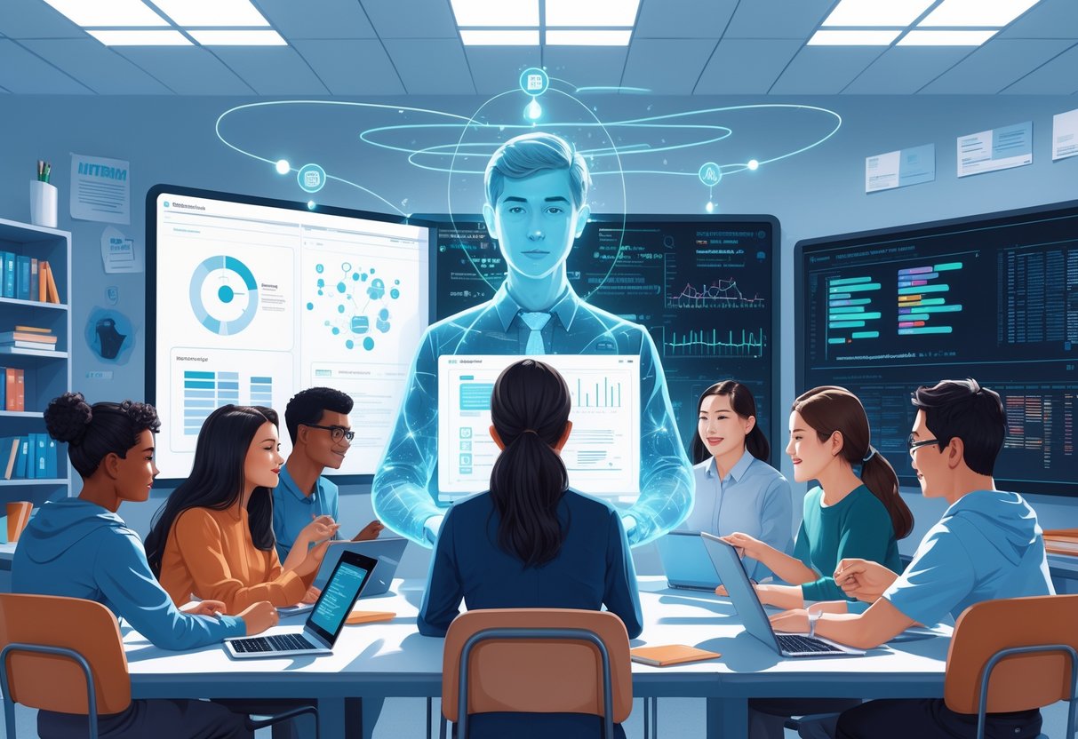 A classroom where a holographic AI assistant interacts with students using digital devices, showing a blend of traditional and modern educational tools.