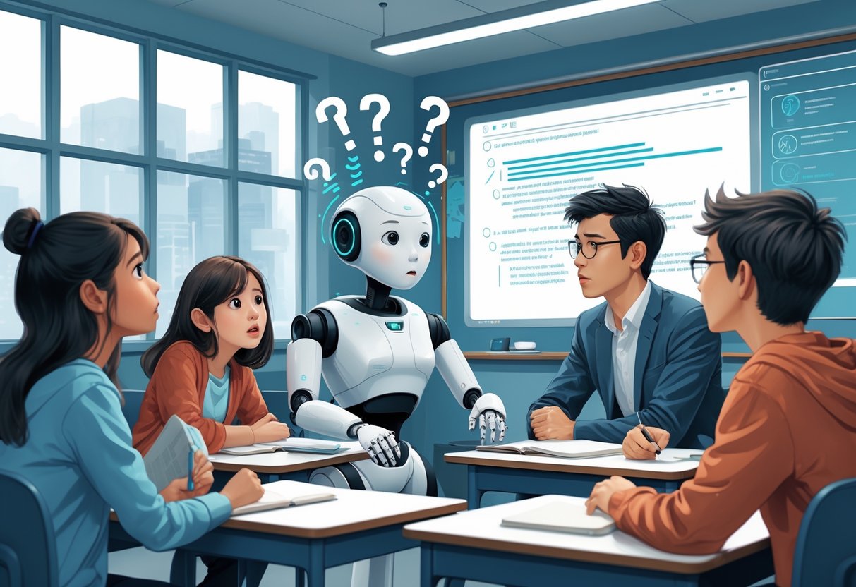 A classroom scene showing a humanoid AI assistant interacting with students and a teacher, with the AI appearing confused and students showing mixed emotions, highlighting challenges in AI teaching.