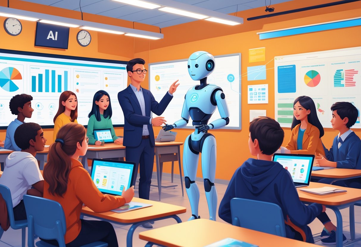 A classroom where a teacher and students interact with a friendly AI assistant helping with learning activities.