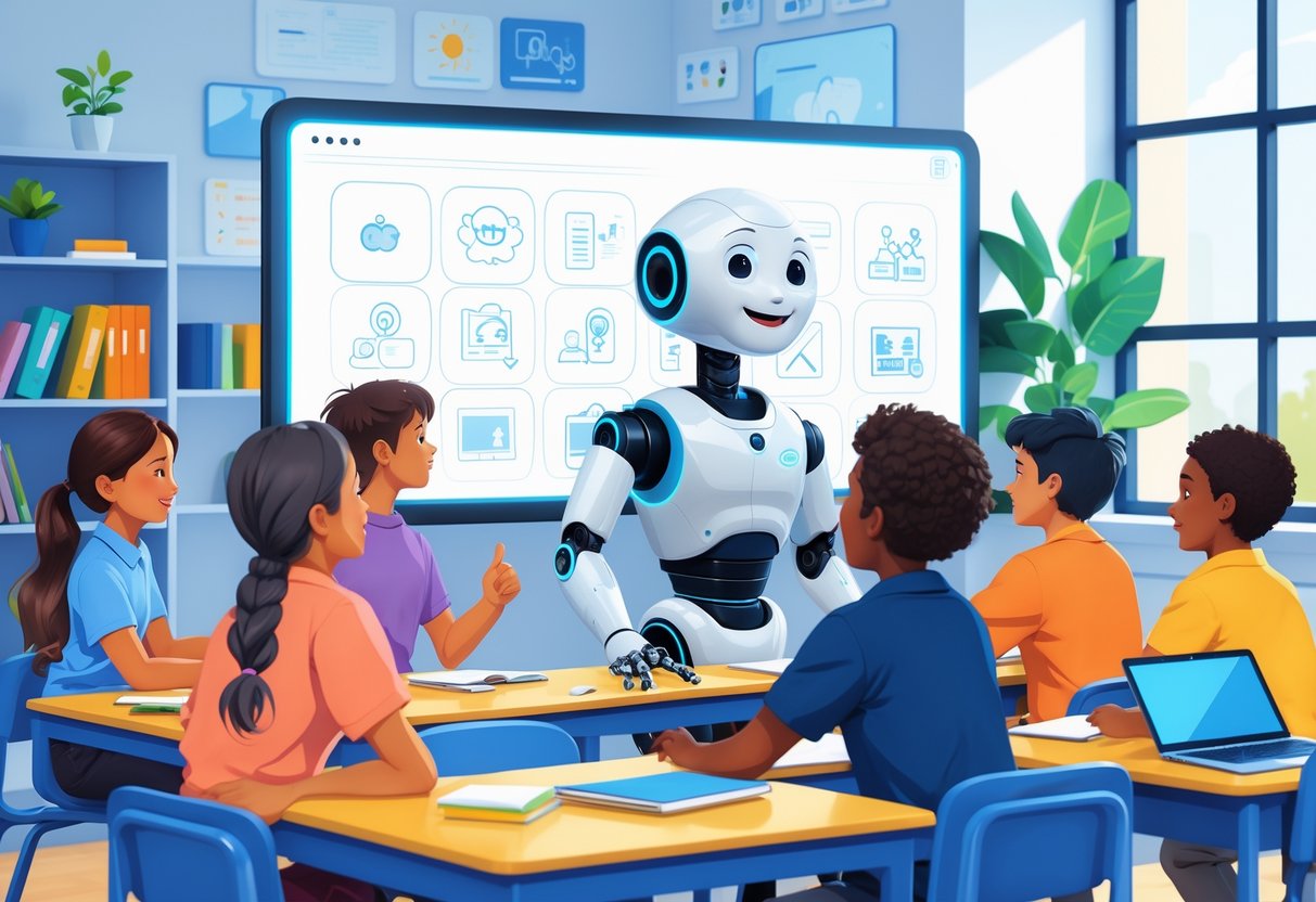 A friendly robot teaching assistant interacting with students in a bright classroom with educational tools and technology.