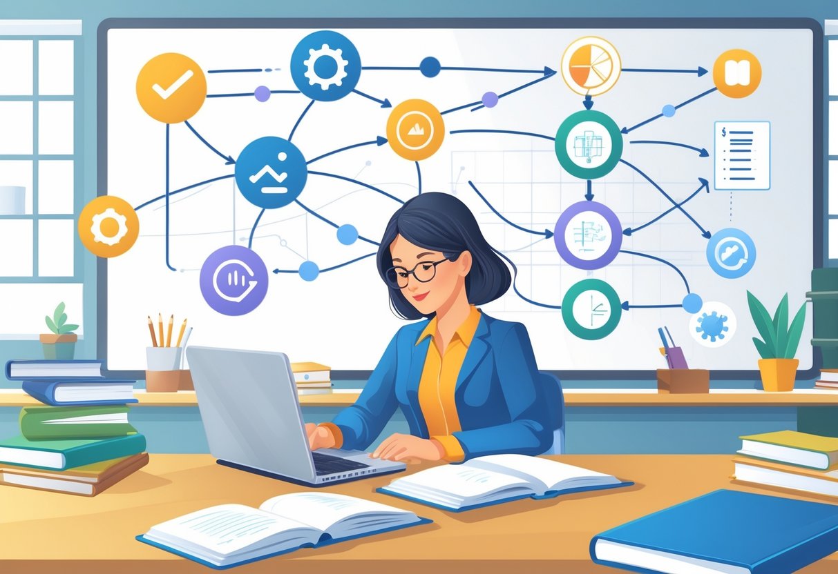 AI Lesson Planning: Streamline Lesson Plans and Worksheets LearningMole A teacher at a desk planning lessons with a laptop and books, surrounded by digital icons and charts representing curriculum standards and AI technology in a classroom.
