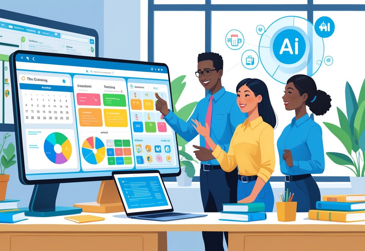 AI Lesson Planning: Streamline Lesson Plans and Worksheets LearningMole Two teachers working together with a digital AI assistant on a touchscreen display to plan lessons in a bright, modern classroom.