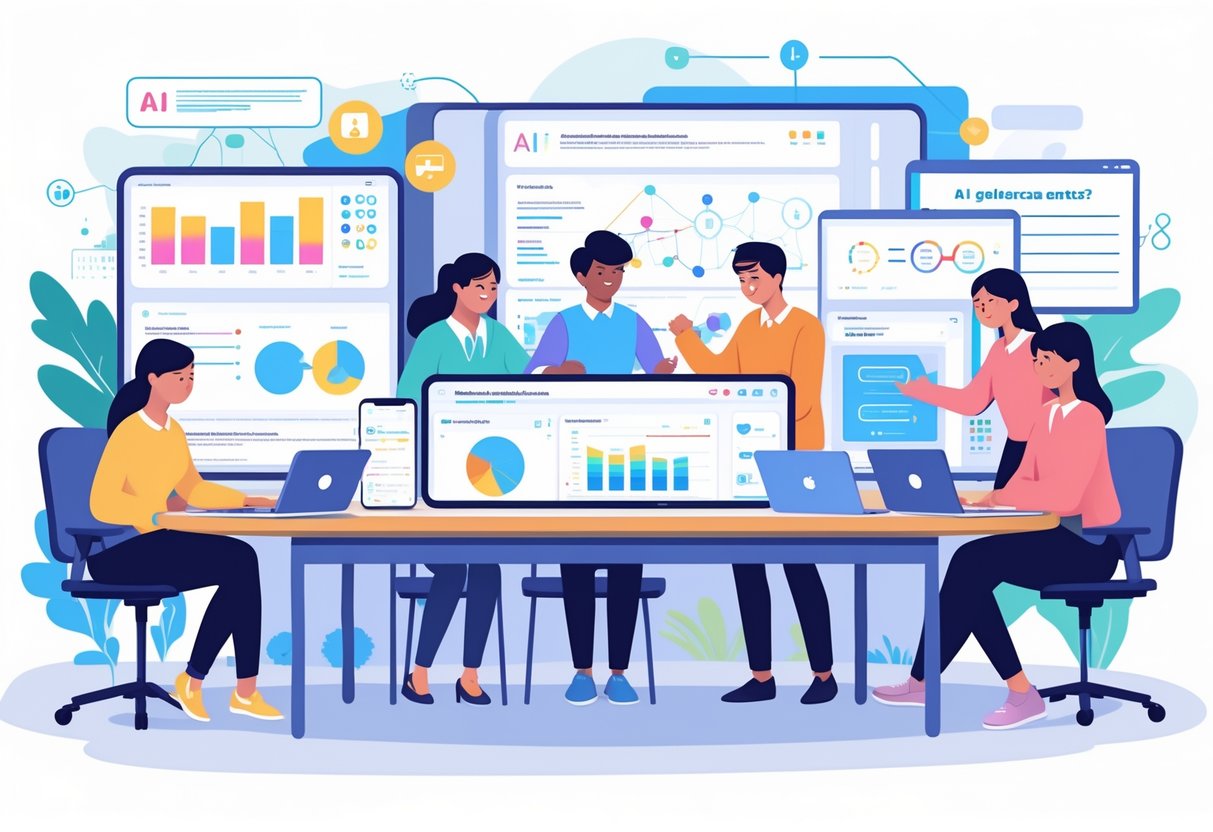 AI Lesson Planning: Streamline Lesson Plans and Worksheets LearningMole A group of educators working together around a digital touchscreen table with devices showing data and charts, in a classroom with a whiteboard displaying diagrams.