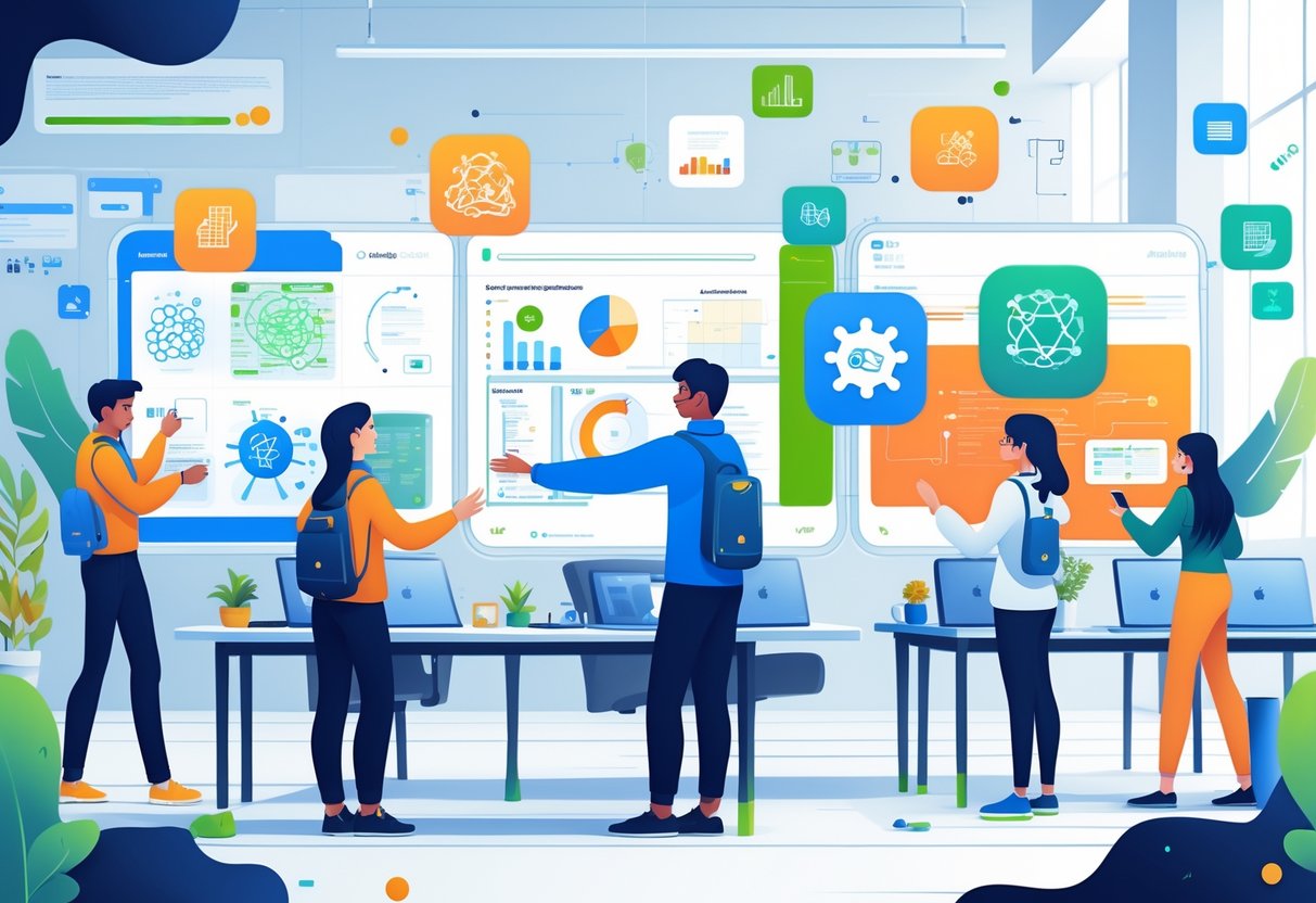 AI Education Resources: The Best Tools and Guidance for Learners Education resources LearningMole A group of people in a modern classroom using digital screens and devices to learn about artificial intelligence concepts and resources.